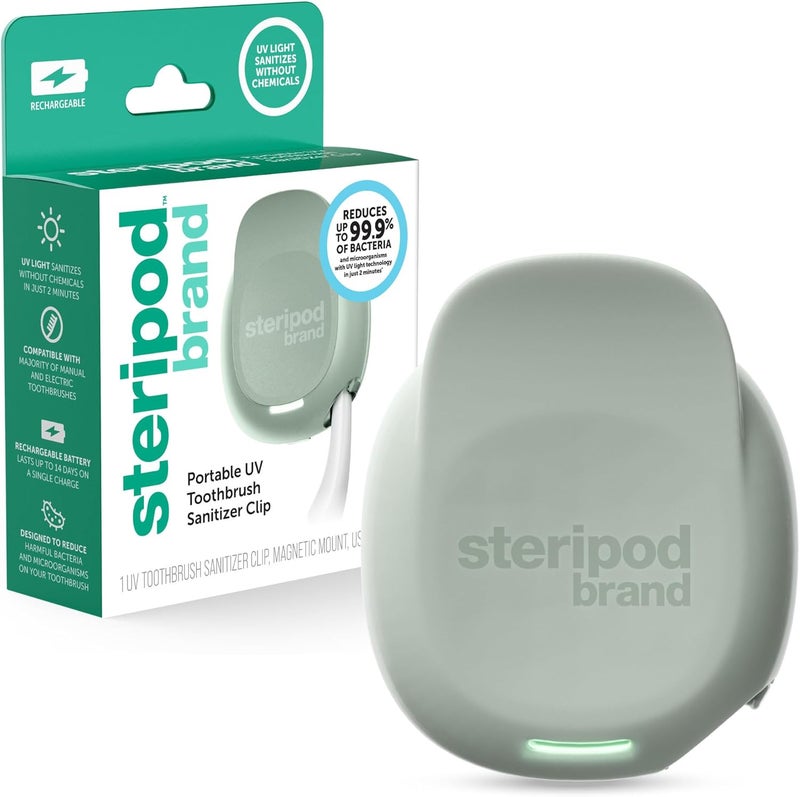 Steripod Brand Portable UV Toothbrush Sanitizer Clip, Reduces Harmful Microorganisms, Rechargeable, Sage, 1 Count - Image 1